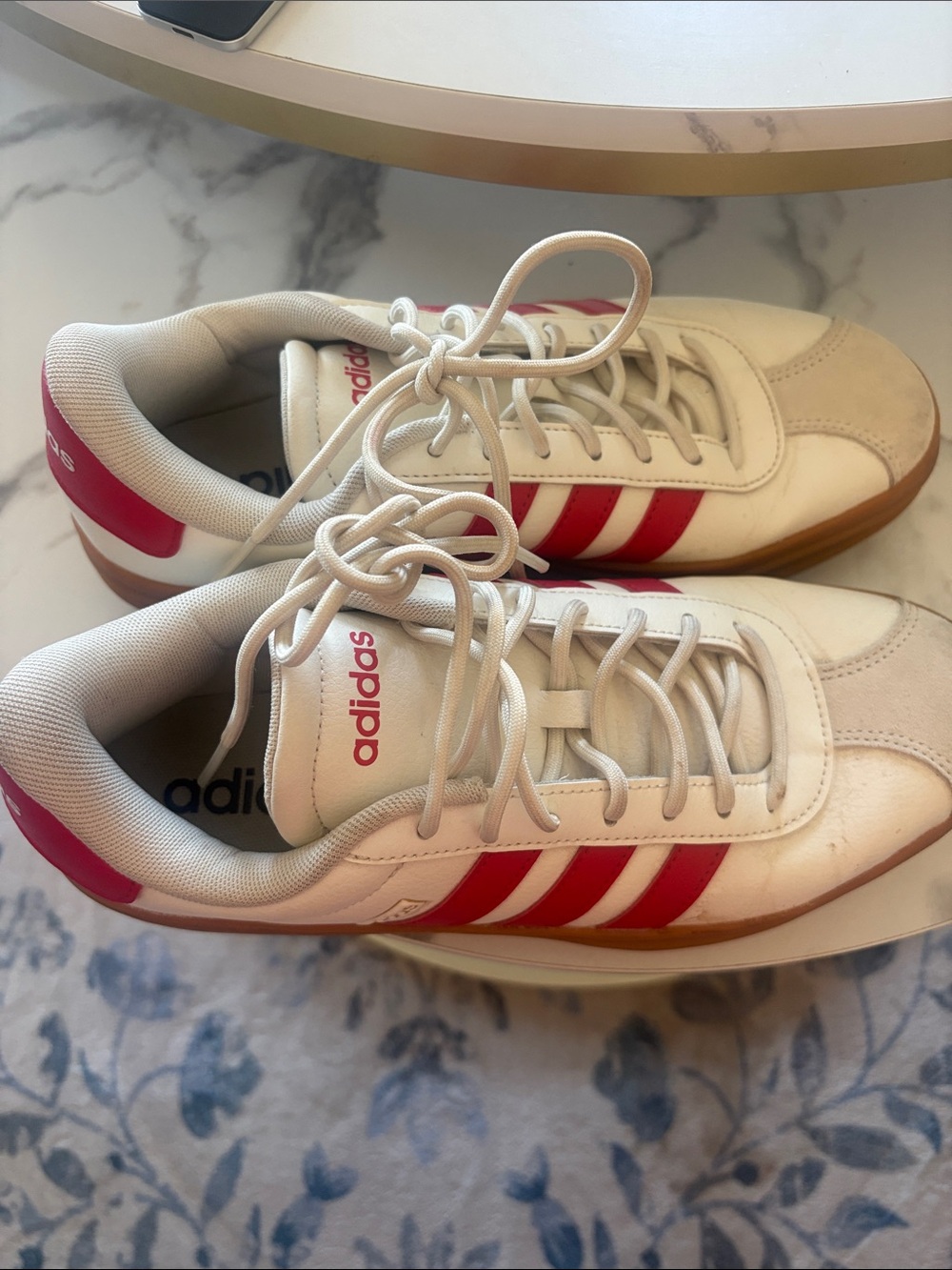 adidas White Sneakers with Red Stripes